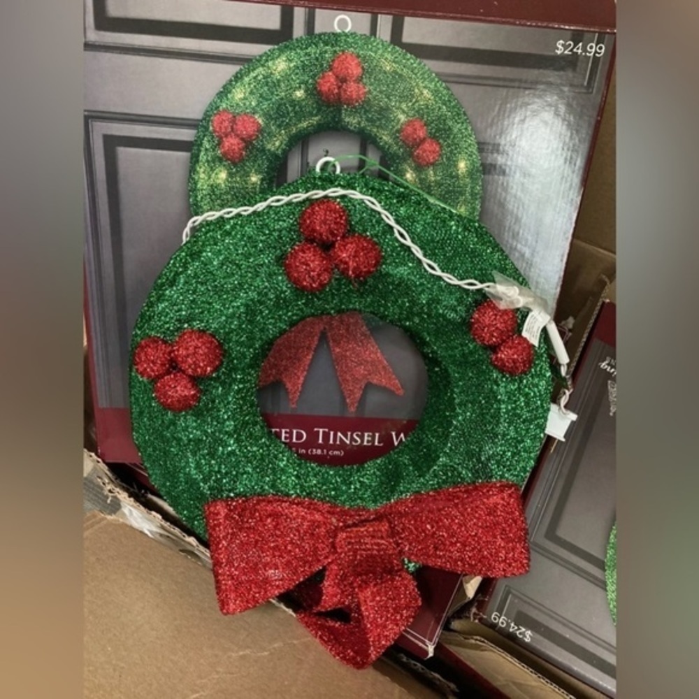15in Christmas Holiday Lighted Tinsel Wreath Set Of 2